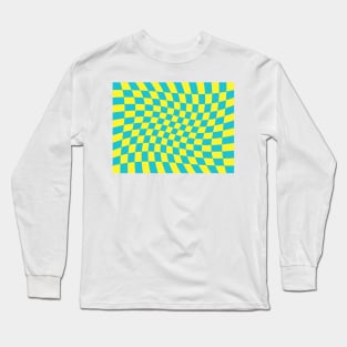 Twisted Checkered Square Pattern - Yellow & Sky Blue Long Sleeve T-Shirt